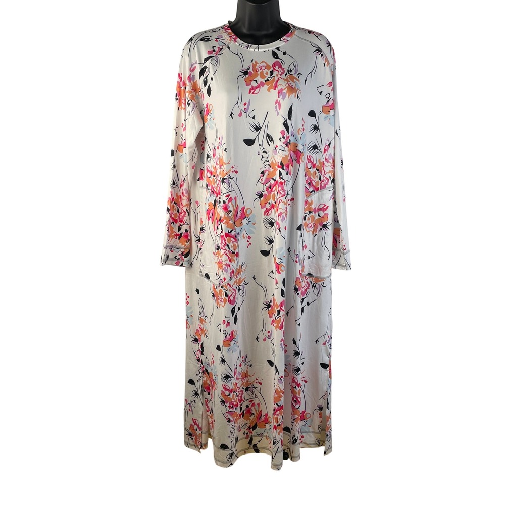 NWT‎ Ekouaer Womens Floral Long Sleeve Maxi Nightgown Pockets White Pink Large
